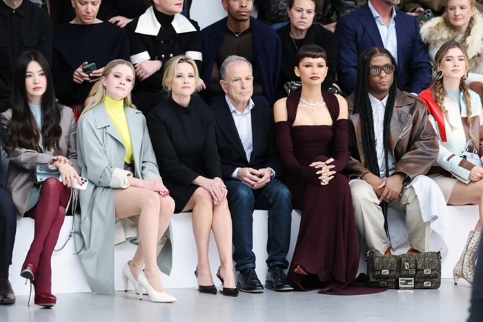 Celebrities at the Fendi Haute Couture Spring/Summer 2024 show as part of Paris Fashion Week on January 25, 2024, in Paris, France.
(Left to Right) Song Hye-kyo, Ava Philippe, Resse Witherspoon, Michael Burke, and Zendaya